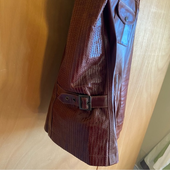 Leather biker jacket, women’s size 3X, dark wine color, flex side panels. - Picture 2 of 7